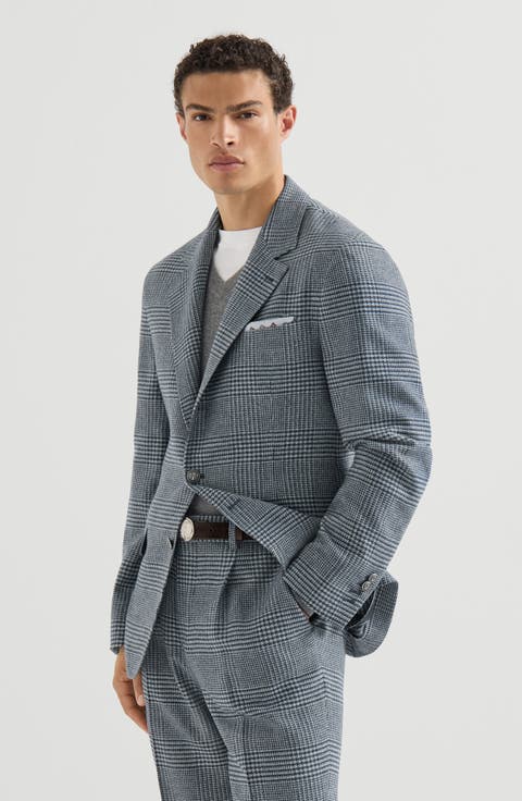 Comfort wool and cashmere Prince of Wales flannel deconstructed blazer with metal buttons