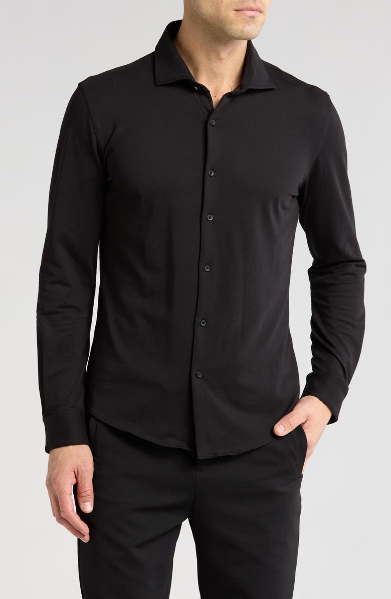 DENIM AND FLOWER Piqué Knit Button-Up Shirt, Main, color, Black