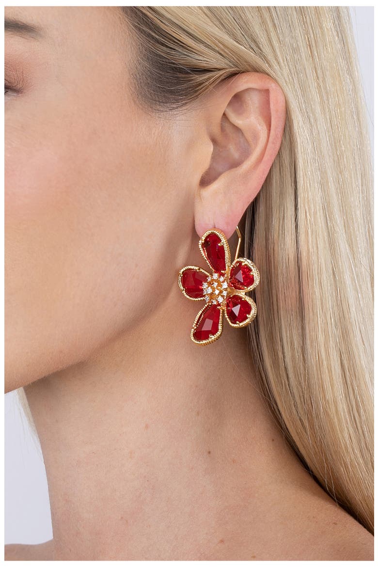 Daisy CZ Floral Stud Earrings, Alternate, color, RED