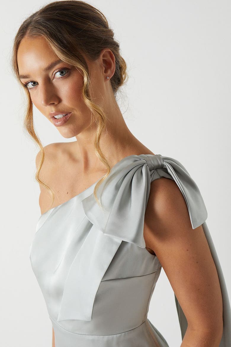 Bow One Shoulder Satin Dress, Alternate, color, Sage