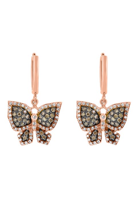 Chocolate & White Diamond Butterfly Drop Earrings in 14K Rose Gold