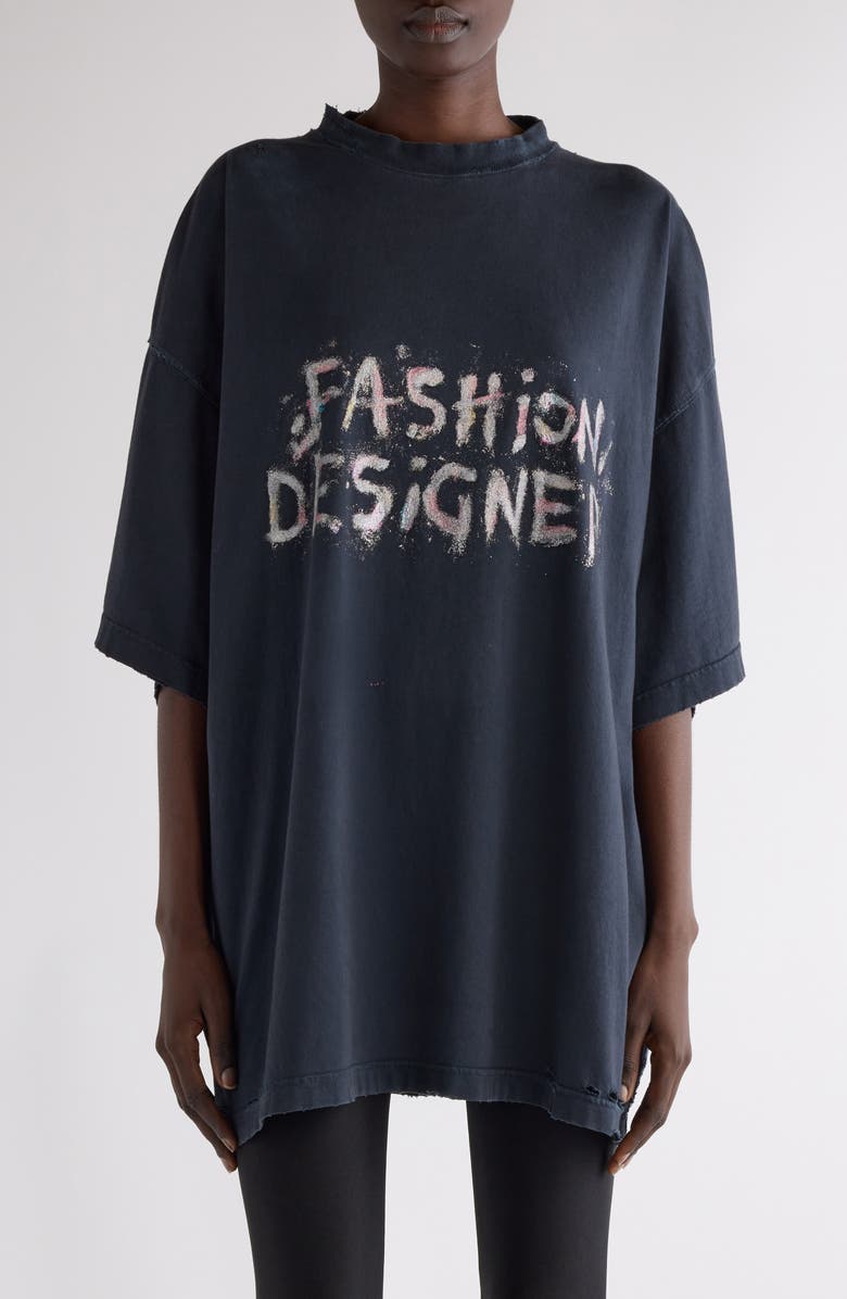 Balenciaga Fashion Designer Distressed Oversize Graphic T-Shirt, Main, color, Faded Washed Black