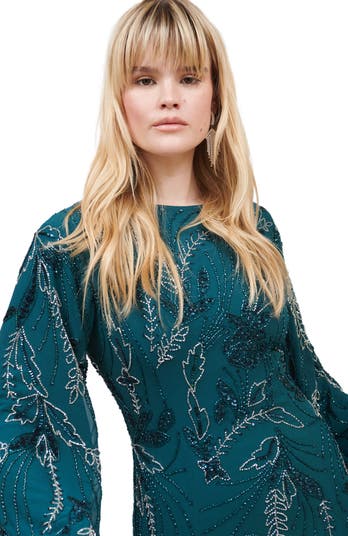 Modest Embellished Sequin Beaded Maxi Dress With Cuff Sleeves