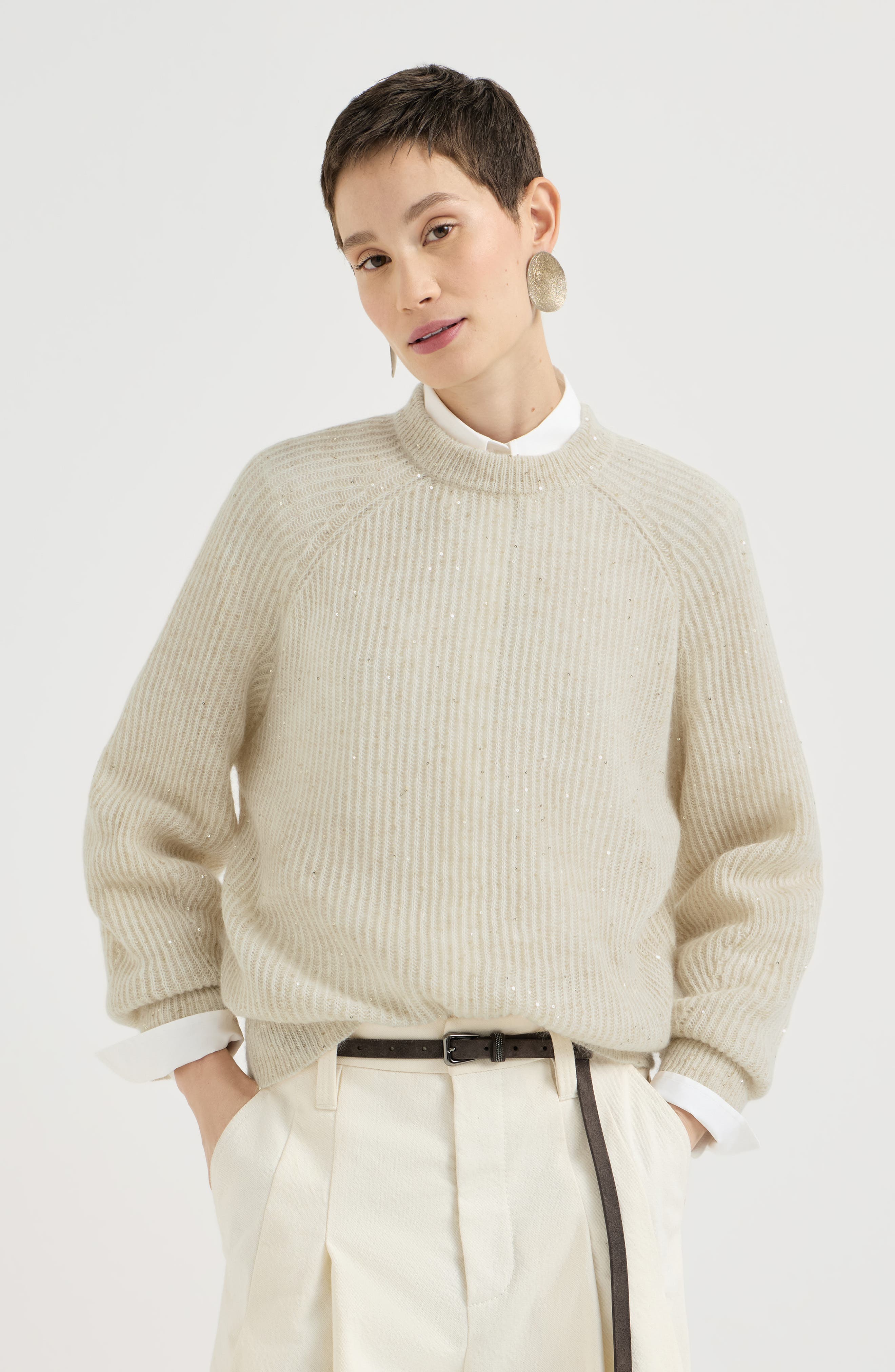 Brunello Cucinelli Mohair, Cotton And Wool Diamond Yarn English Rib Sweater In Neutral