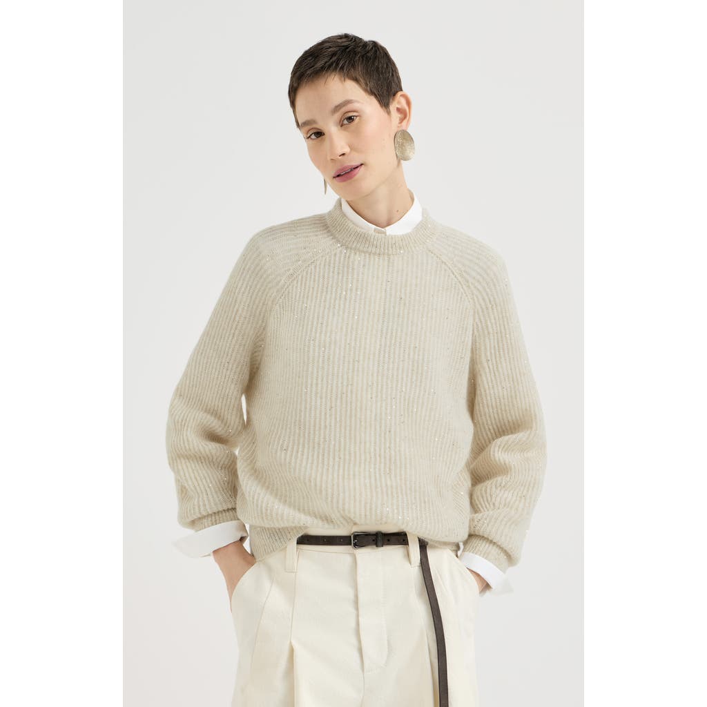 Brunello Cucinelli Mohair, Cotton And Wool Diamond Yarn English Rib Sweater In Neutral