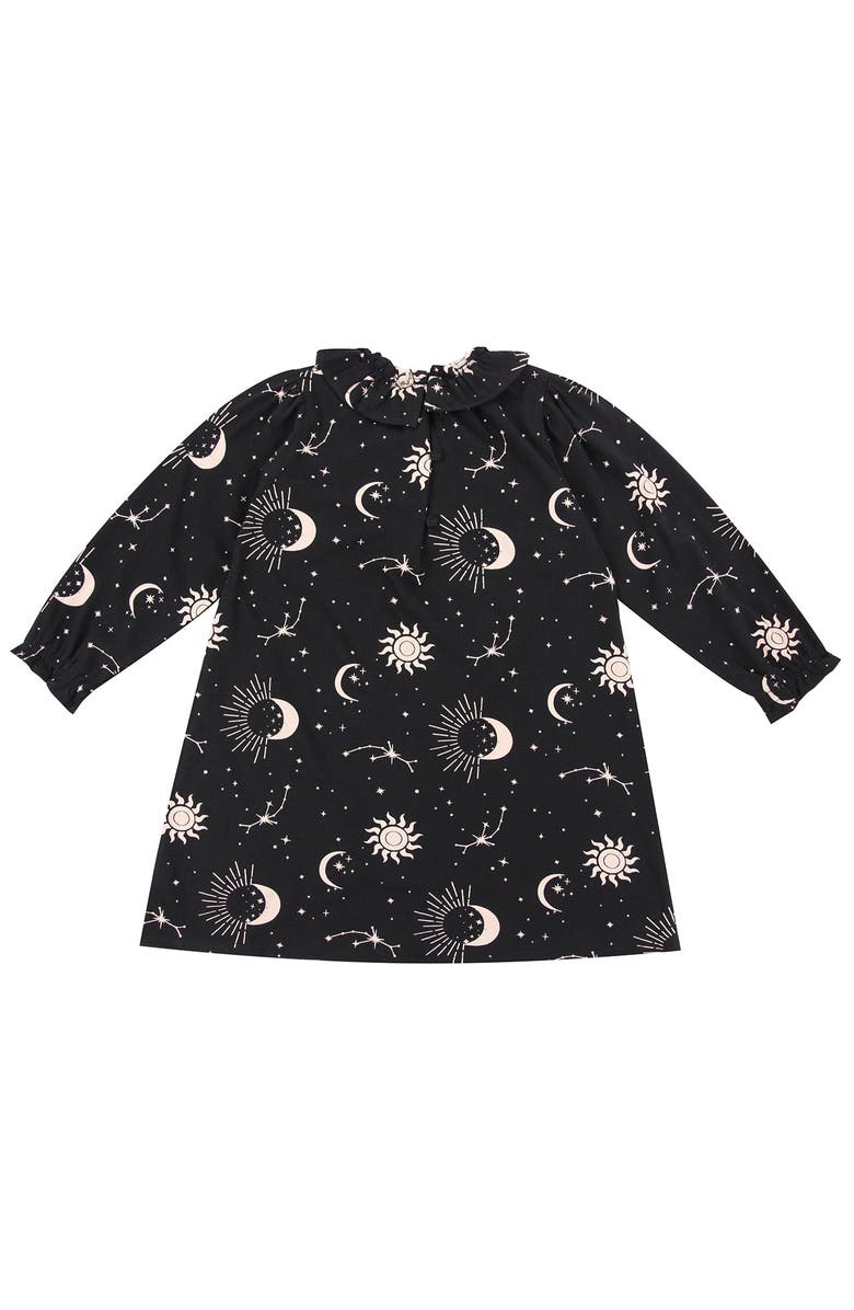 Turtledove London Kids Organic Cotton Celestial Print Ruffle Neck Dress, Main, color, Black