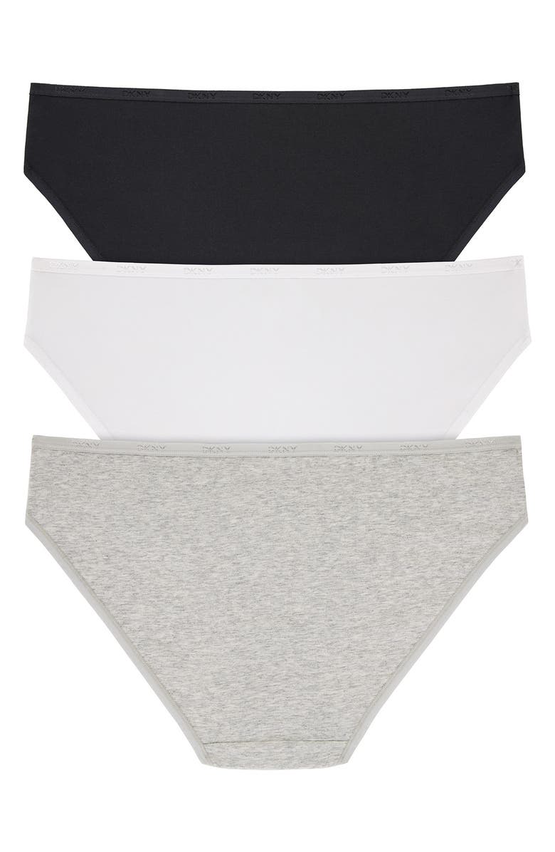 DKNY 3-Pack Cotton Blend Bikinis, Alternate, color, Black/ White/ Grey Heather
