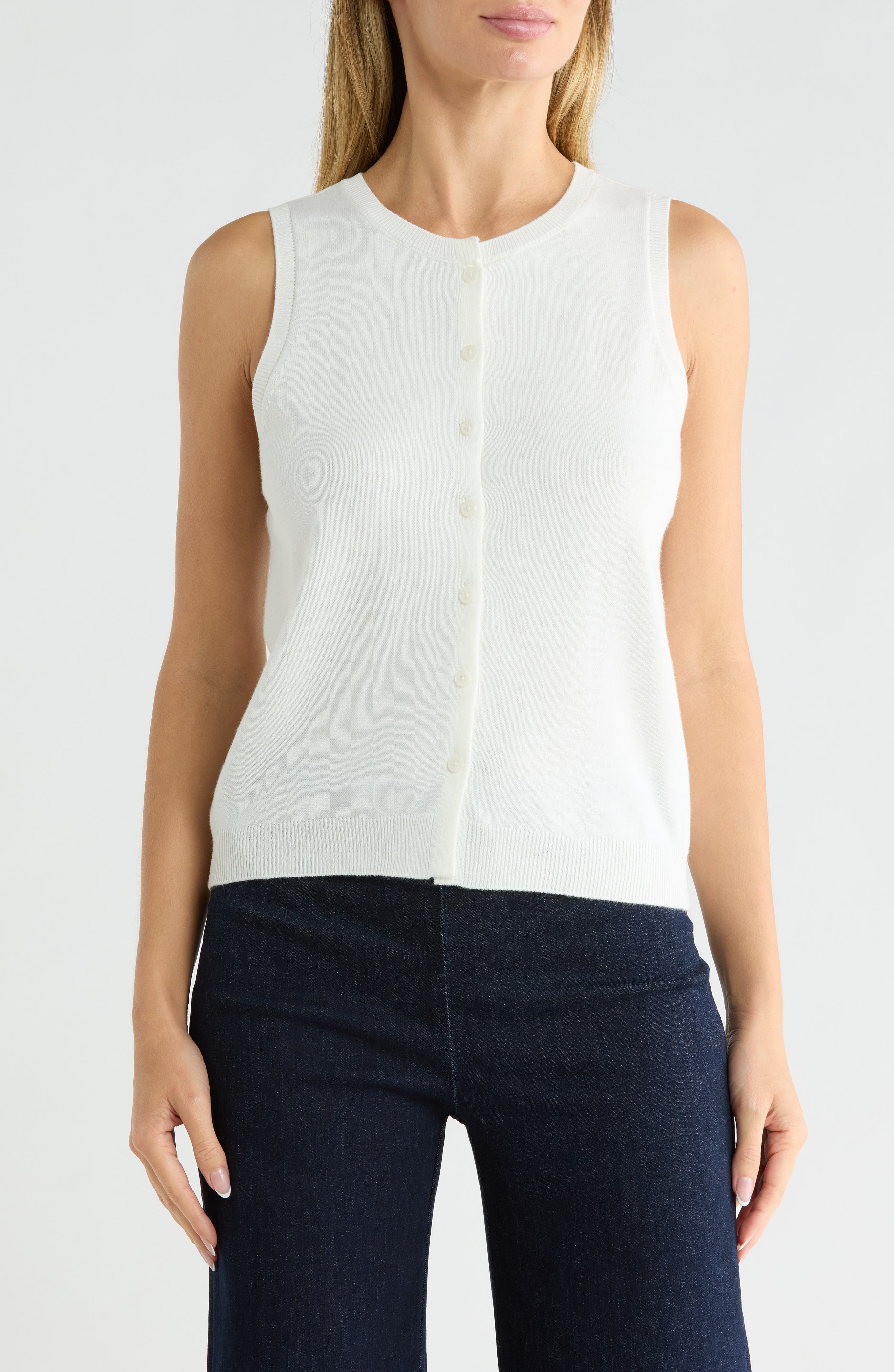 Sleeveless Crewneck Button-Front Sweater