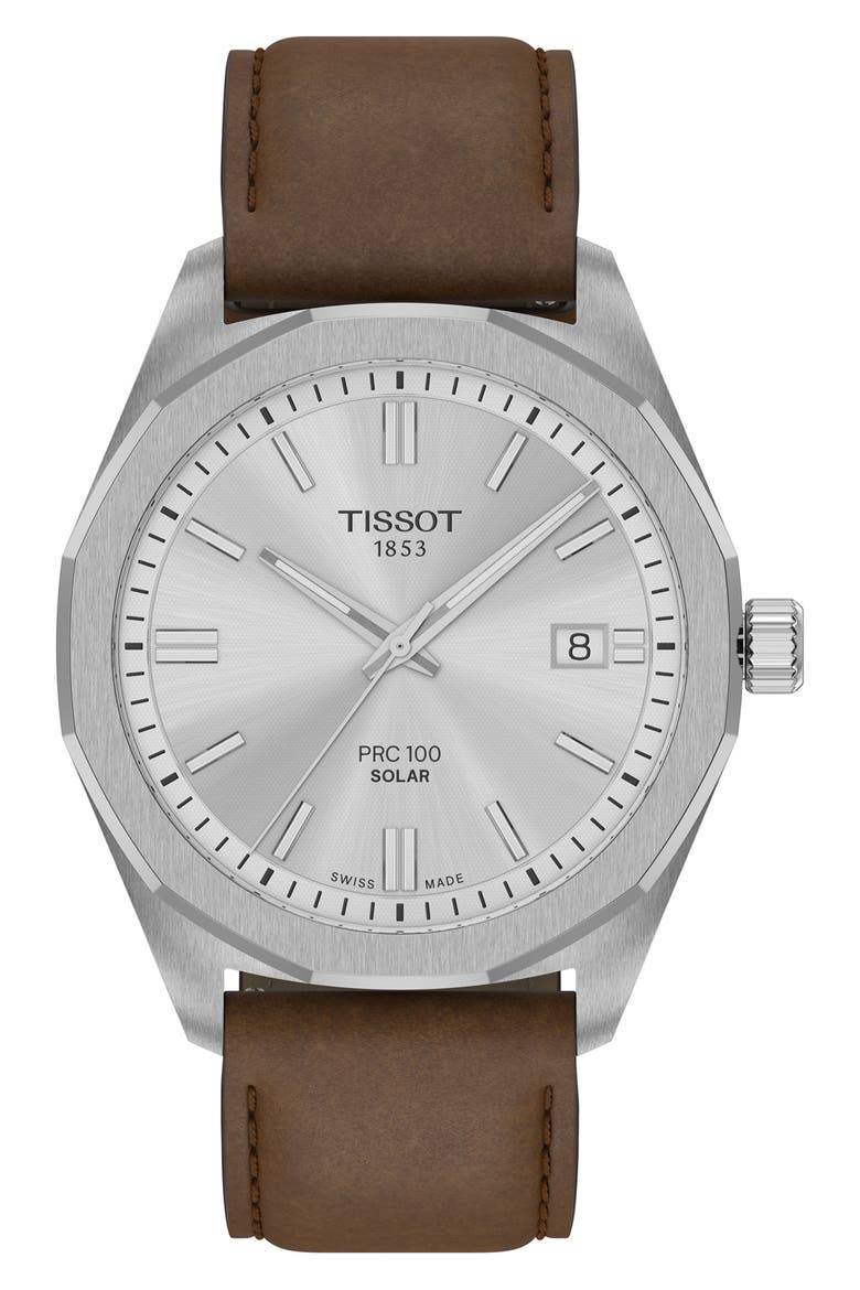 PRC 100 Solar Quartz Leather Strap Watch, 39mm, Main, color, SILVER