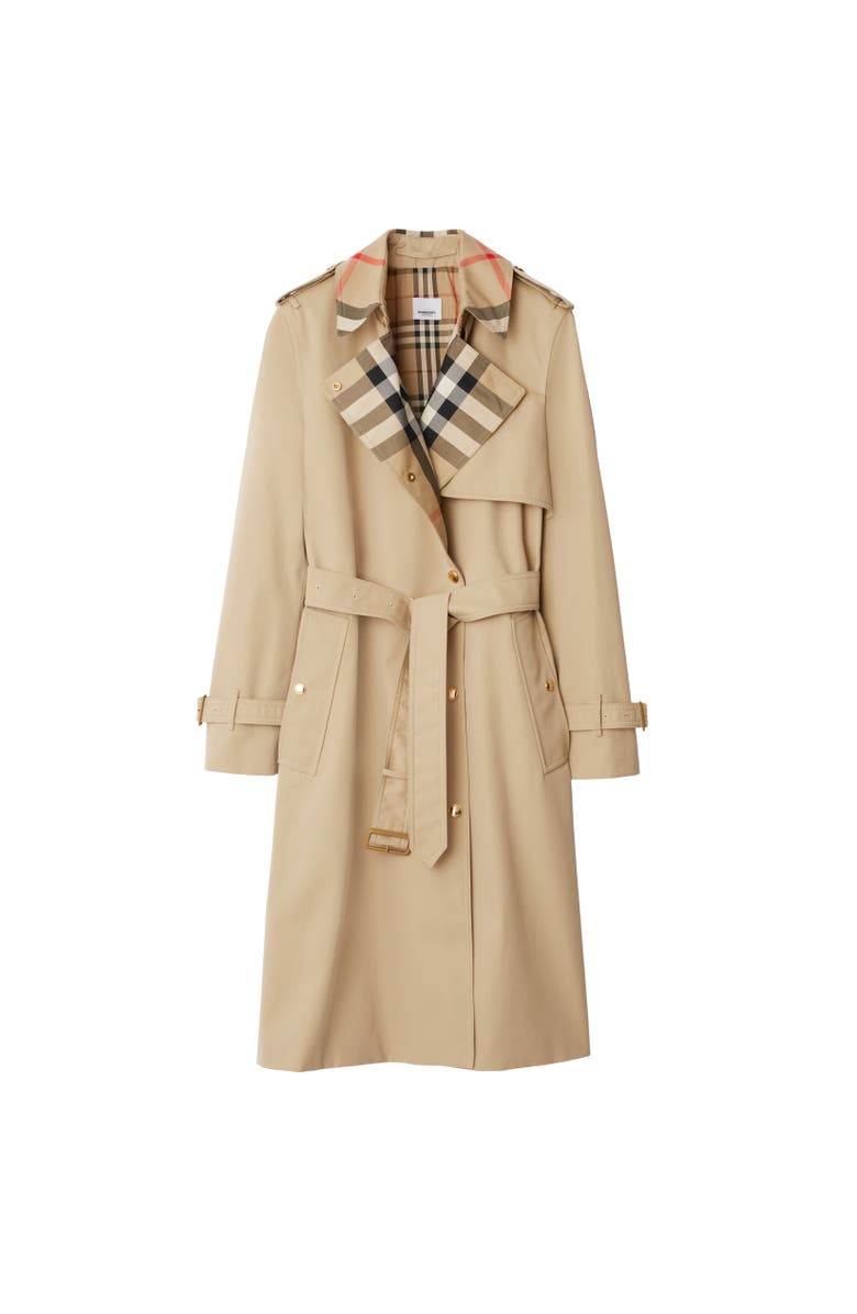 Burberry Long Check Collar Gabardine Trench Coat, Alternate, color, Honey