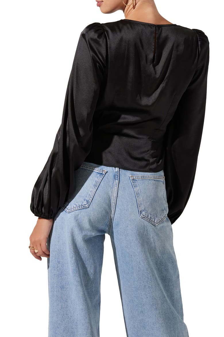 Twist Front Keyhole Balloon Sleeve Satin Top, Alternate, color, BLACK
