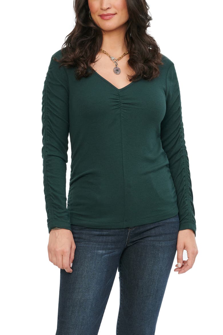 Ruched Long Sleeve Top (Nordstrom Exclusive), Main, color, BOTTLE GREEN