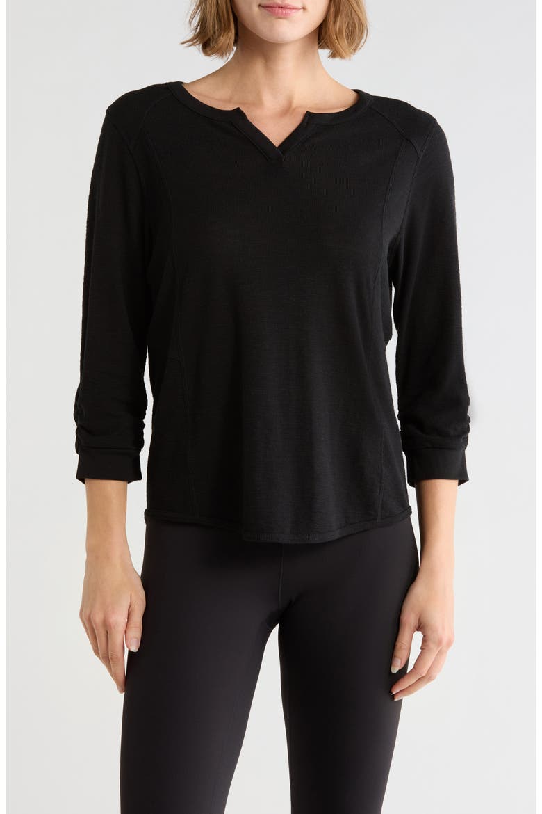 Ruched Sleeve V-Neck Top, Main, color, BLACK