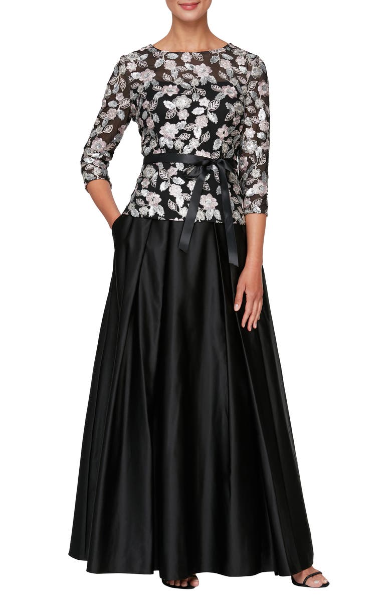 Alex Evenings Embroidered Bodice Tie Sash Gown, Main, color, 