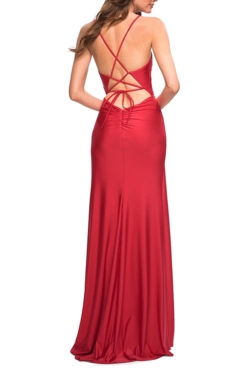 La Femme Prom Dress With Cut Outs At Hip And High Slit In Red