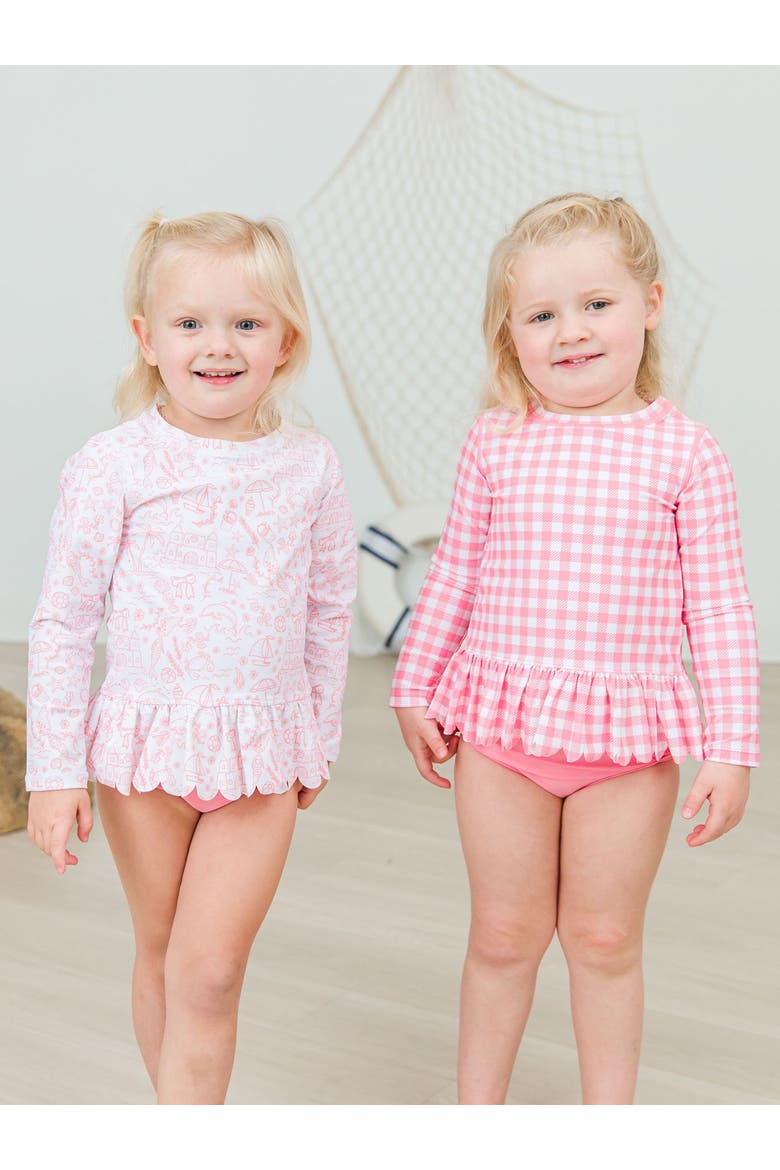 Girls UPF50+ Sun Protected Scallop Hem Long Sleeve Rash Guard Bikini, Alternate, color, Bubblegum Pink Gingham