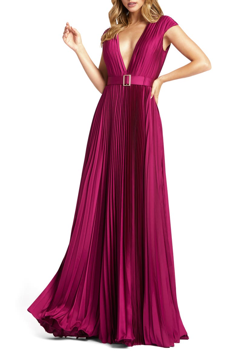 Pleated Plunge Neck Belted Satin Gown, Main, color, RASPBERRY