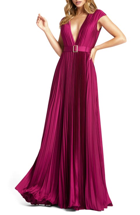 Pleated Plunge Neck Belted Satin Gown