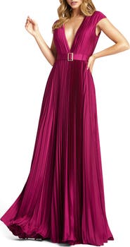 Mac Duggal Pleated Plunge Neck Belted Satin Gown