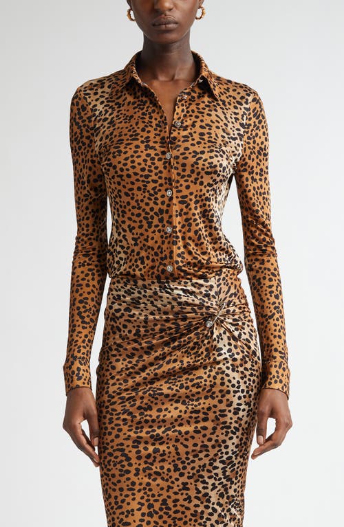 Versace Leopard Print Fitted Jersey Button-up Shirt In Natural Black