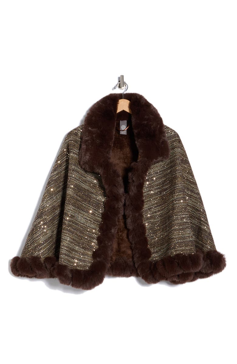 Vince Camuto Sequin Tweed Cape with Faux Fur Trim, Alternate, color, Chocolate