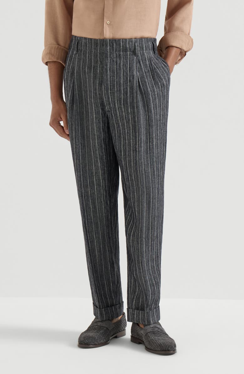 Brunello Cucinelli Linen chalk stripe chevron trousers, Alternate, color, Dark Grey