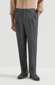 Brunello Cucinelli Linen chalk stripe chevron trousers with double pleats