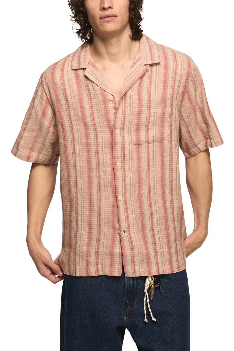 Stripe Linen & Cotton Camp Shirt, Main, color, CORAL MULTI