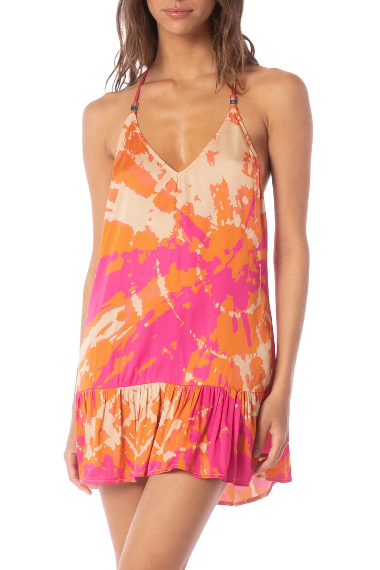 Flamingo Swirl Beaded Strap Cover-Up Dress, Alternate, color, BRIGHT PINK