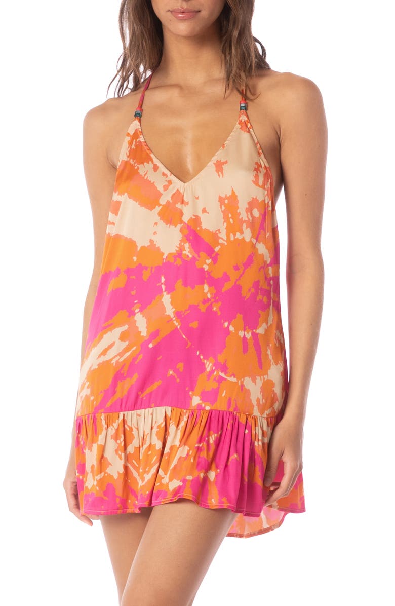 Maaji Flamingo Swirl Beaded Strap Cover-Up Dress, Alternate, color, Bright Pink