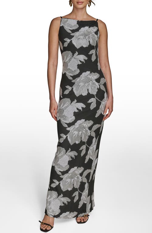 Donna Karan New York Sequin Floral Sheath Gown In Black