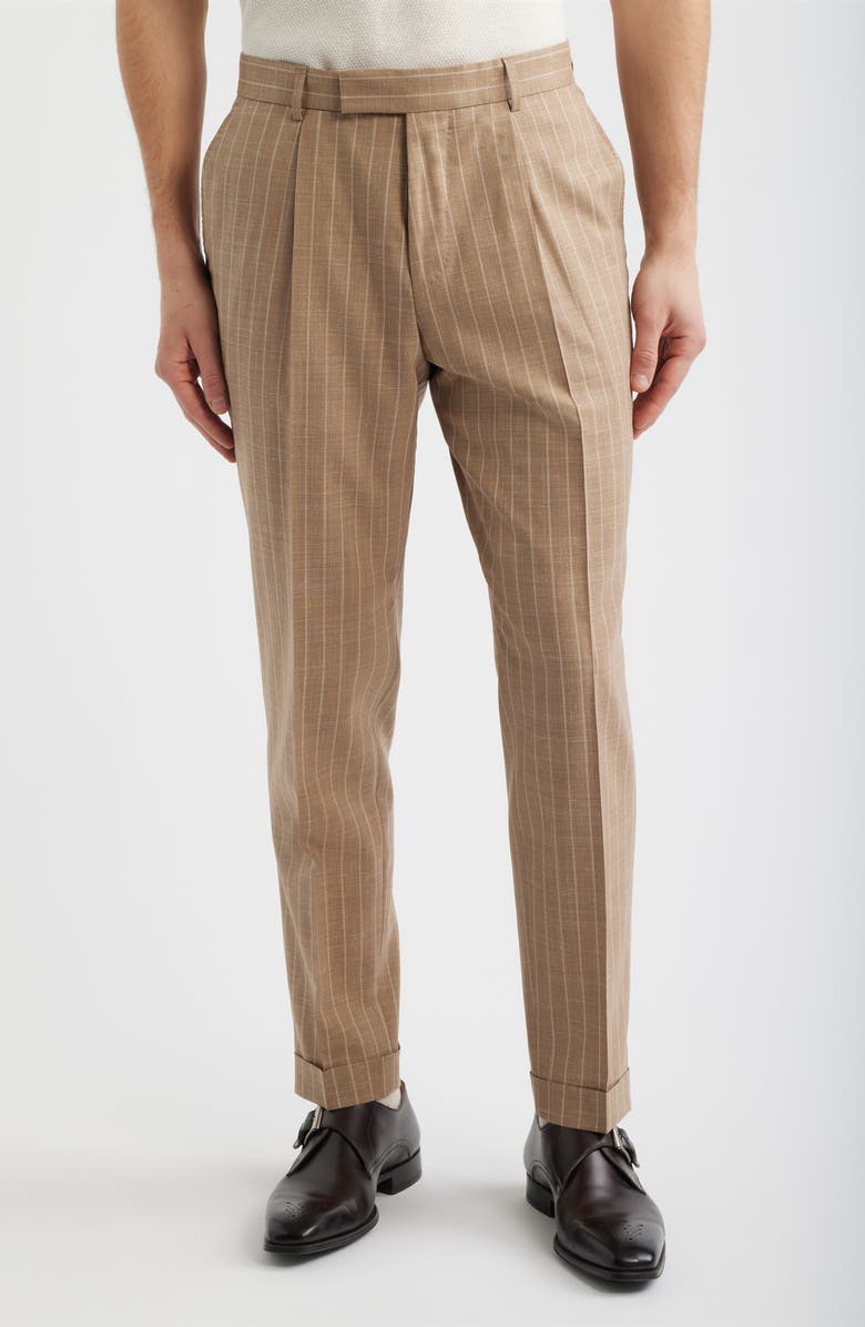 BOSS Camel Heston Slim Fit Pinstripe Wool Blend Double Breasted Suit, Alternate, color, Medium Beige