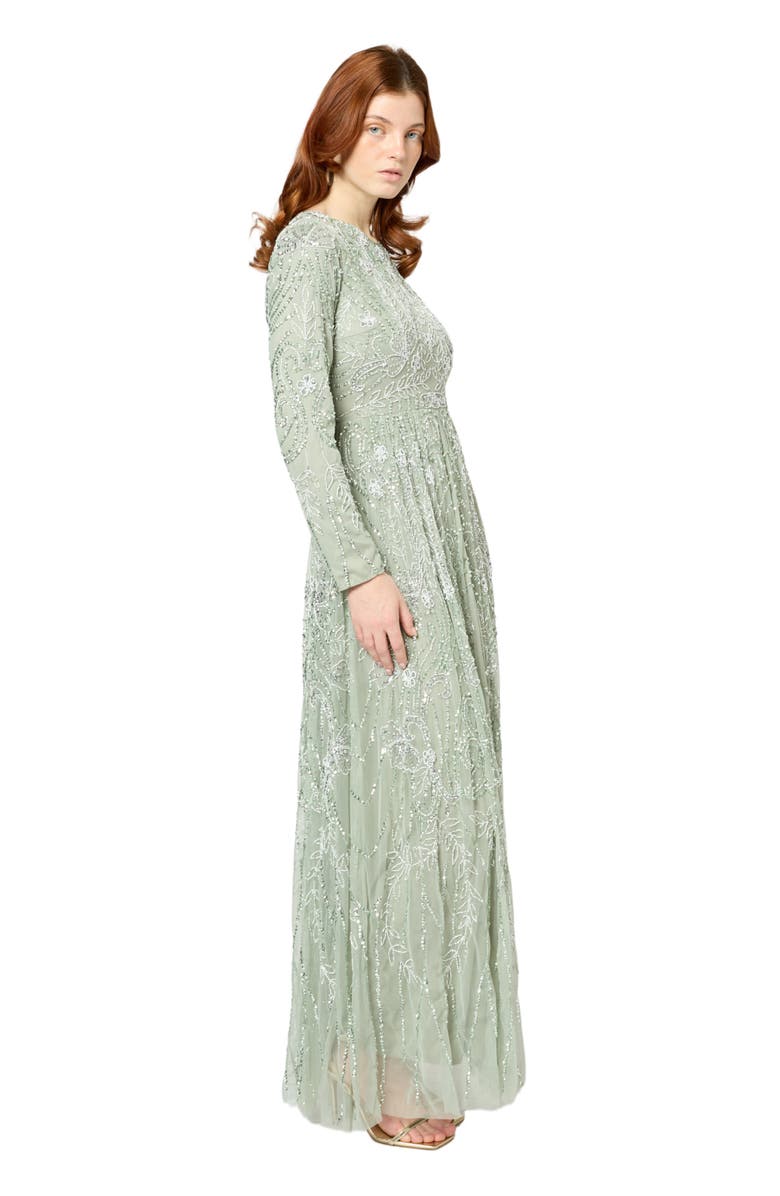 MARYISA Occasion Modest Embellished Sequin Beaded Floral High Neck Evening Gown, Alternate, color, Sage Green