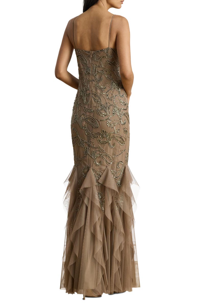 Lauren Ralph Lauren Ruffle Paisley Beaded Gown, Alternate, color, Taupe/ Pewter Multi
