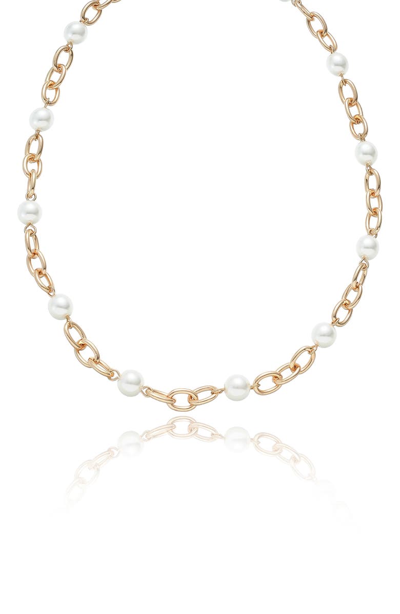 Ettika Faux Pearl Station Necklace, Main, color, Gold