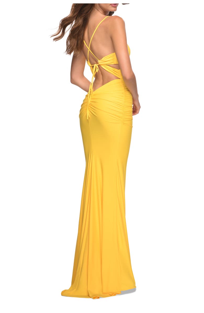 La Femme Long Jersey Gown with Front and Side Cutouts, Alternate, color, Yellow