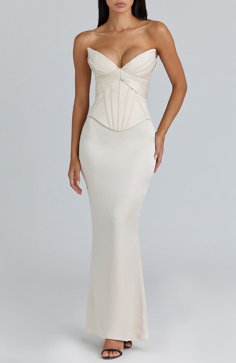 HOUSE OF CB Eve Satin Strapless Corset Gown, Main, color, Cream