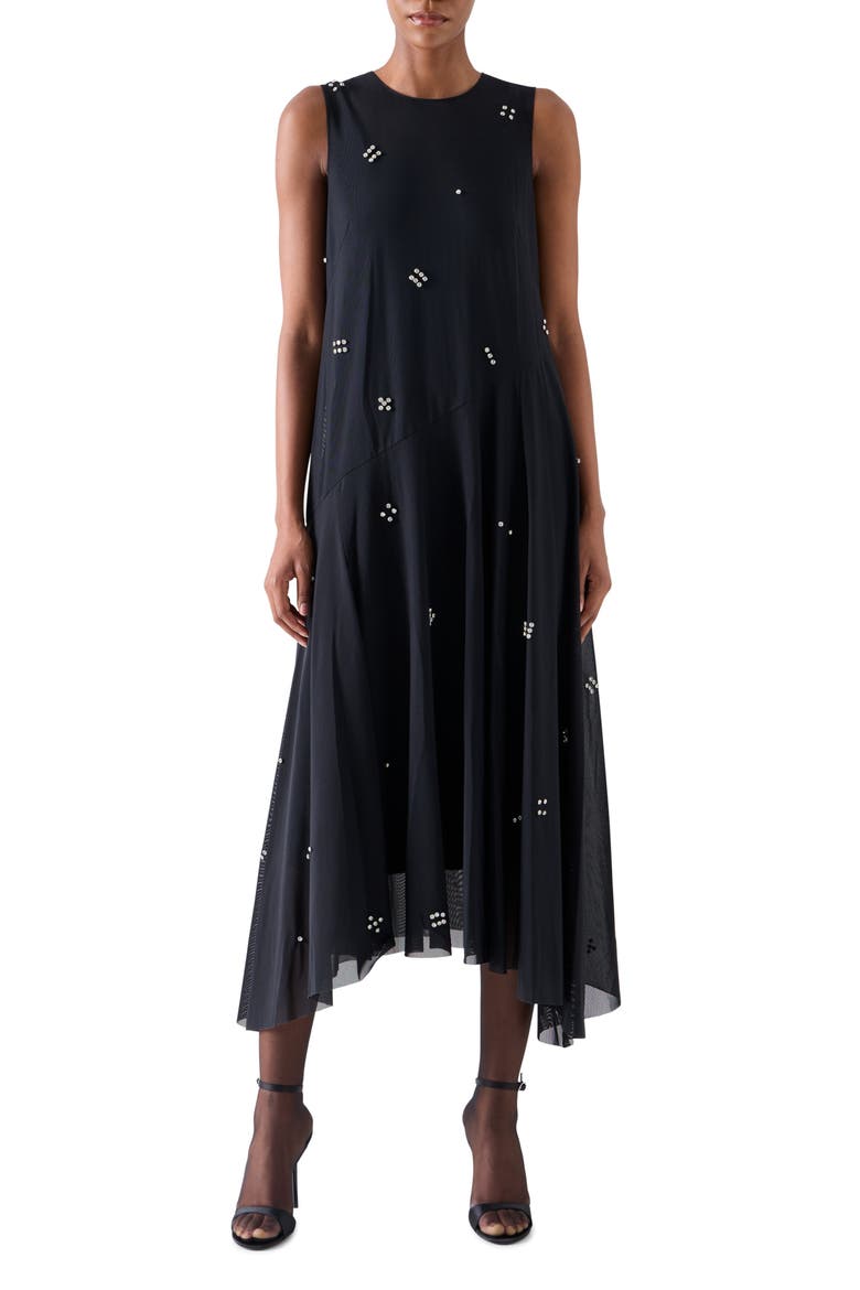 Diamond Dice Mesh Midi Dress, Main, color, BLACK