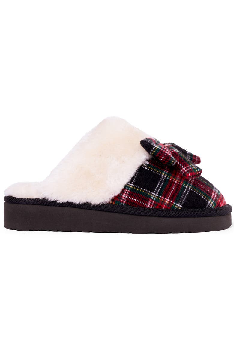 Minnetonka Bow Faux Fur Scuff Slipper, Alternate, color, Black Tartan Plaid