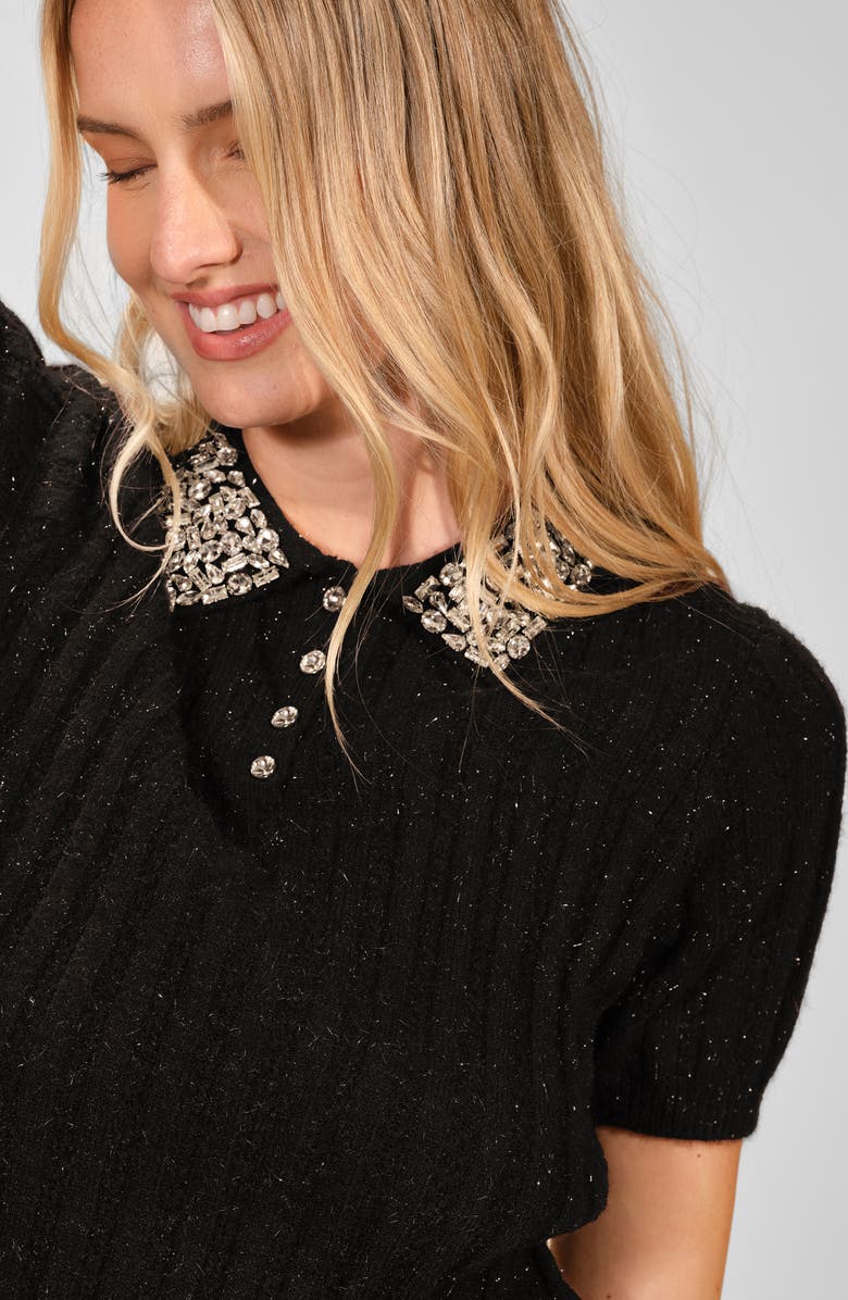 Isaac Mizrahi New York Crystal Accent Polo Sweater, Alternate, color, Black