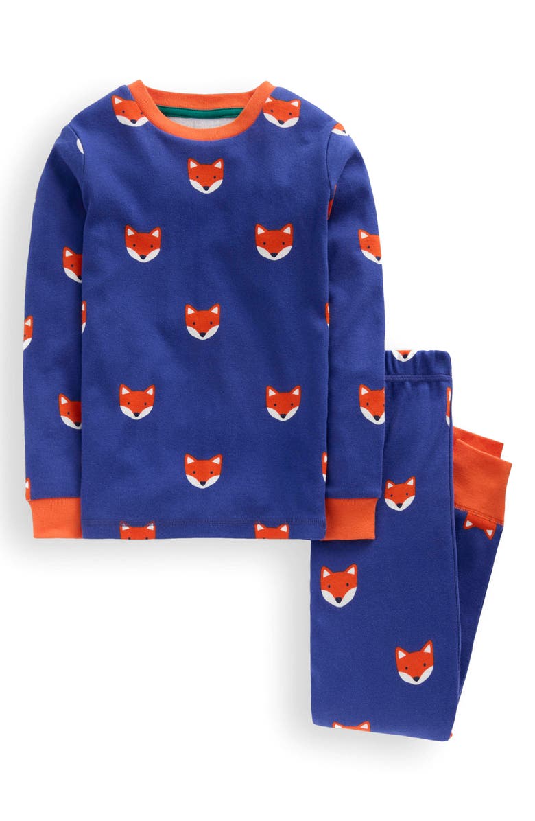 Mini Boden Kids' Fox Print Fitted Two-Piece Cotton Pajamas, Main, color, Sapphire Blue Foxes