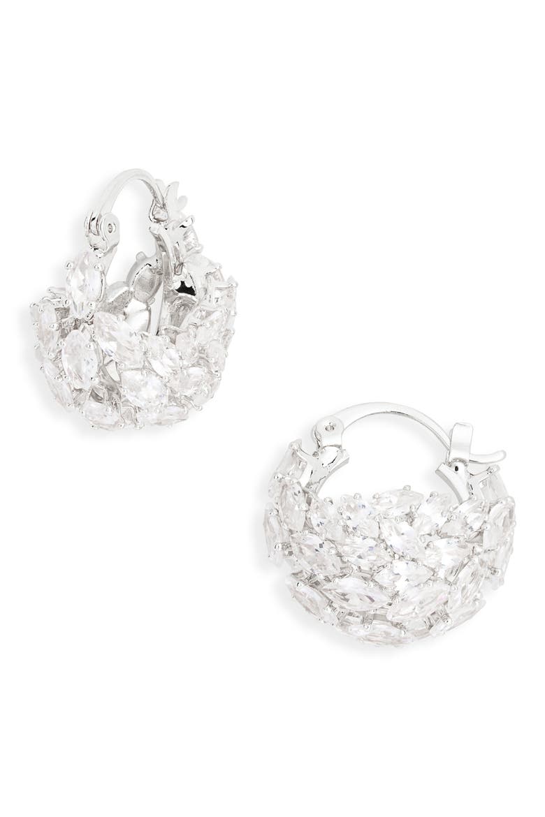 Mixed Stone Pavé Huggie Hoop Earrings, Main, color, SILVER