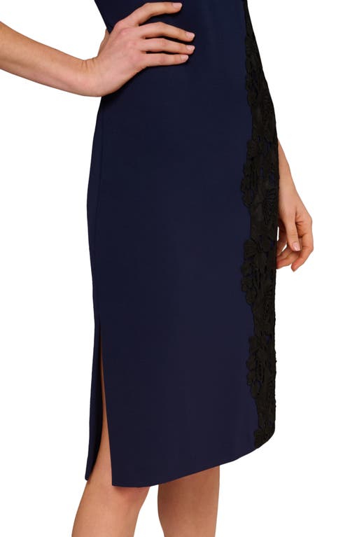 Aidan Mattox By Adrianna Papell Lace Trim Crepe Midi Cocktail Dress In Blue