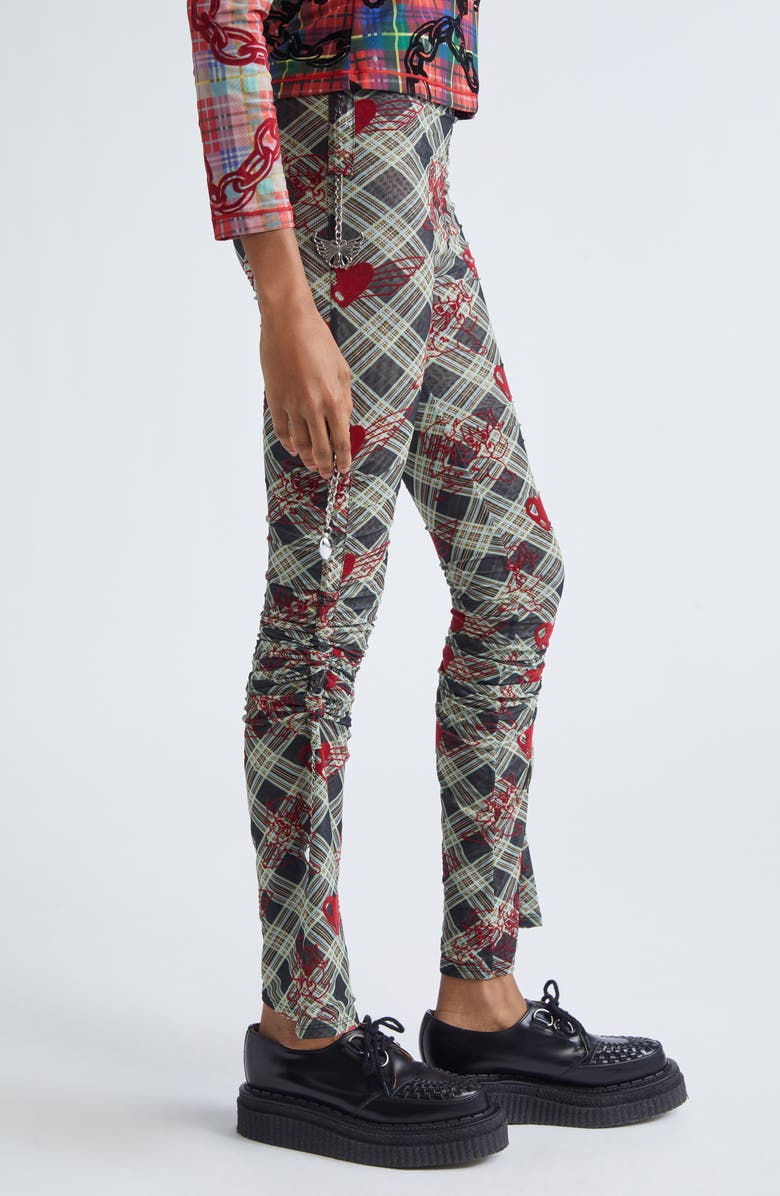 Chopova Lowena Sonicscape Plaid Flocked Mesh Leggings, Alternate, color, Grey/ Red Multi