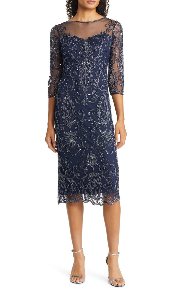 Pisarro Nights Illusion Three-Quarter Sleeve Midi Dress, Main, color, 