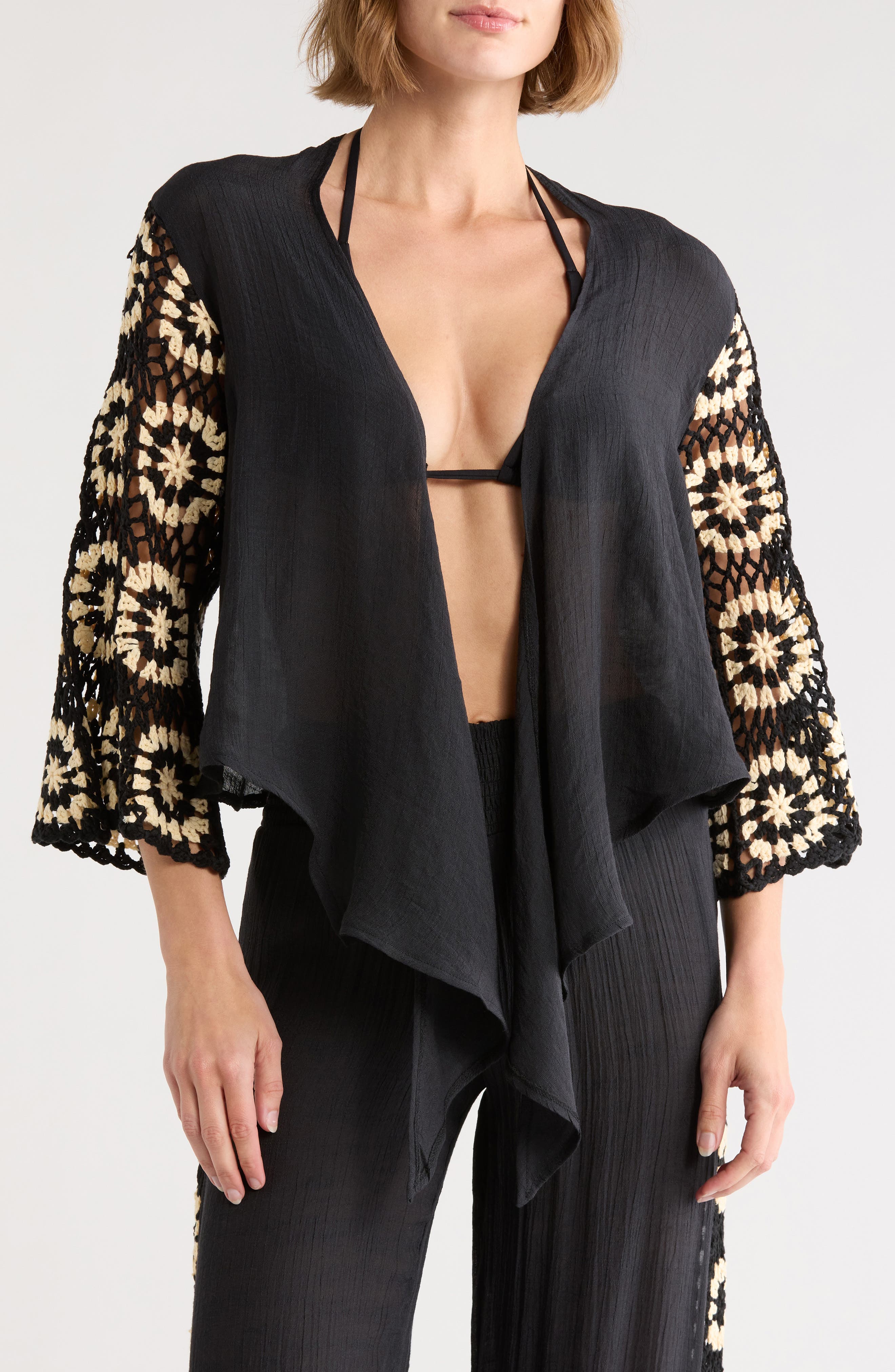 Elan Crochet Long Sleeve Tie Front Cover-Up Top