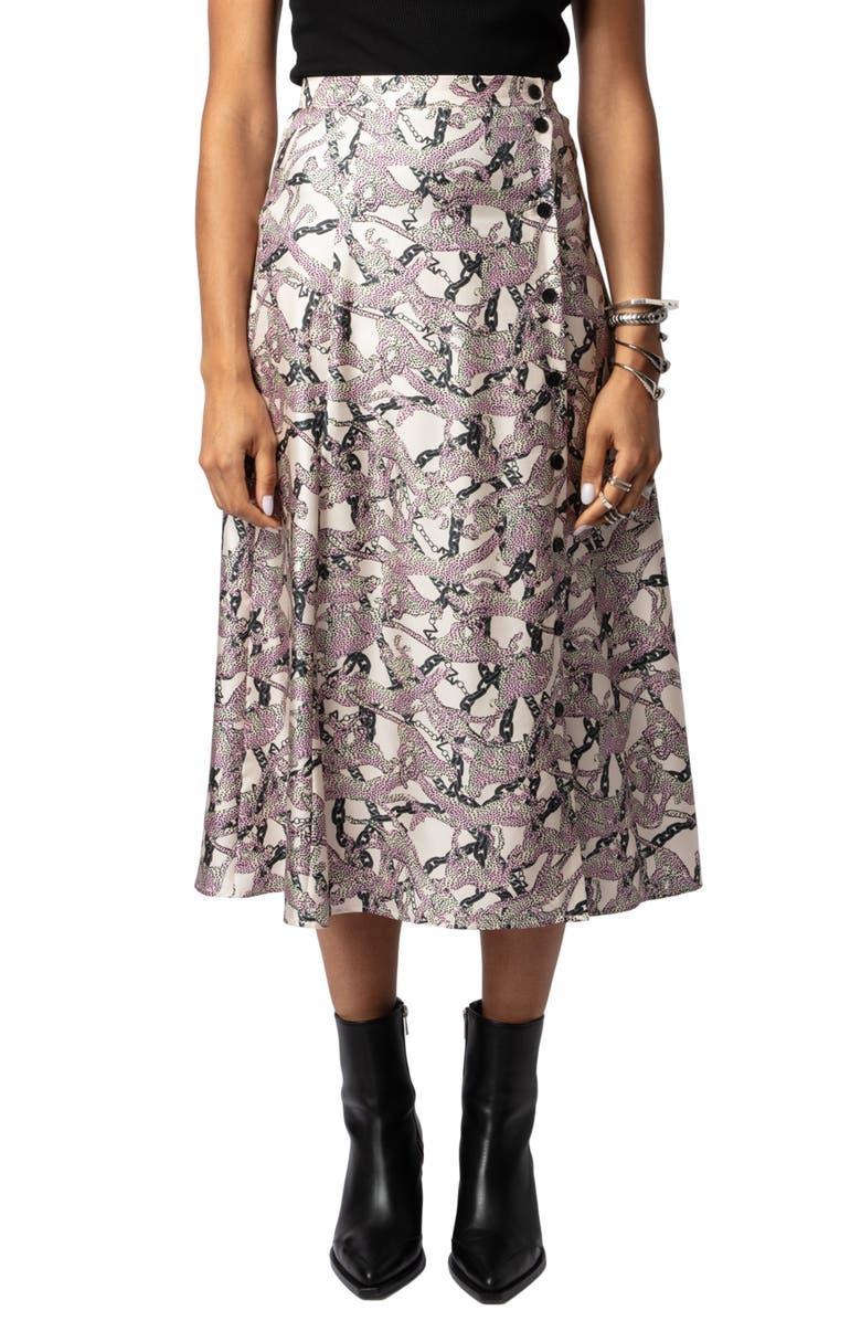 Zadig & Voltaire Wild Chains Side Button Silk Midi Skirt, Main, color, 