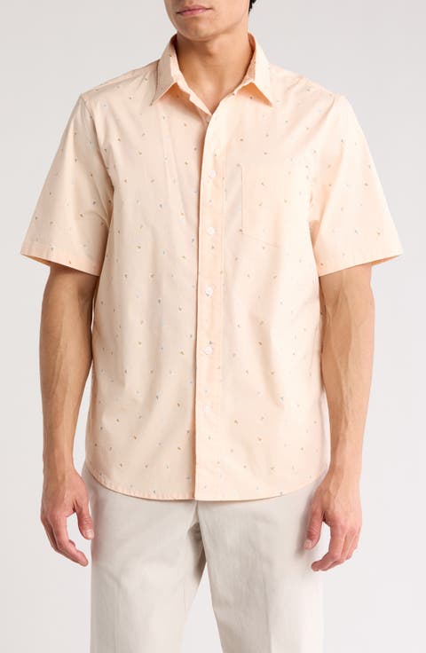 Sailboat Print Short Sleeve Cotton Stretch Poplin Button-Up Shirt