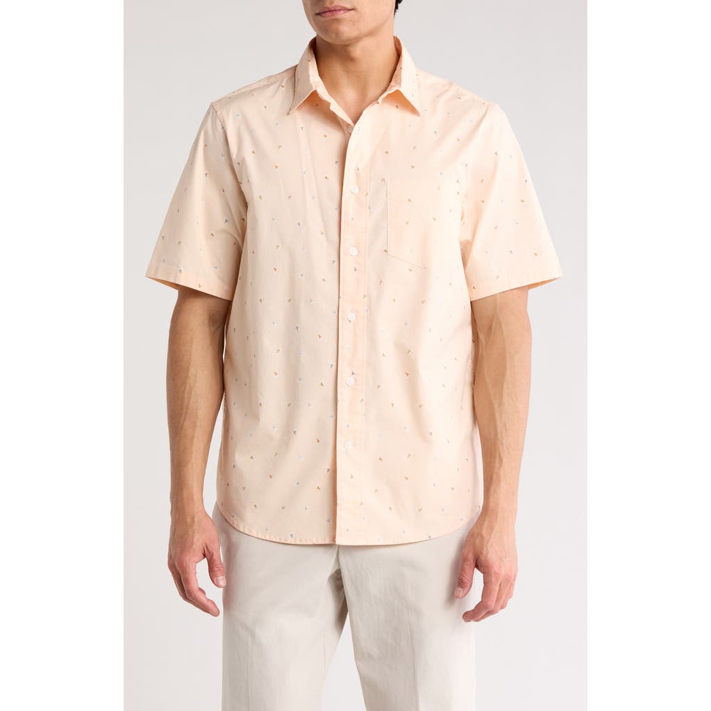 14th & Union Sailboat Print Short Sleeve Cotton Stretch Poplin Button-up Shirt In Beige Simple Sailboats