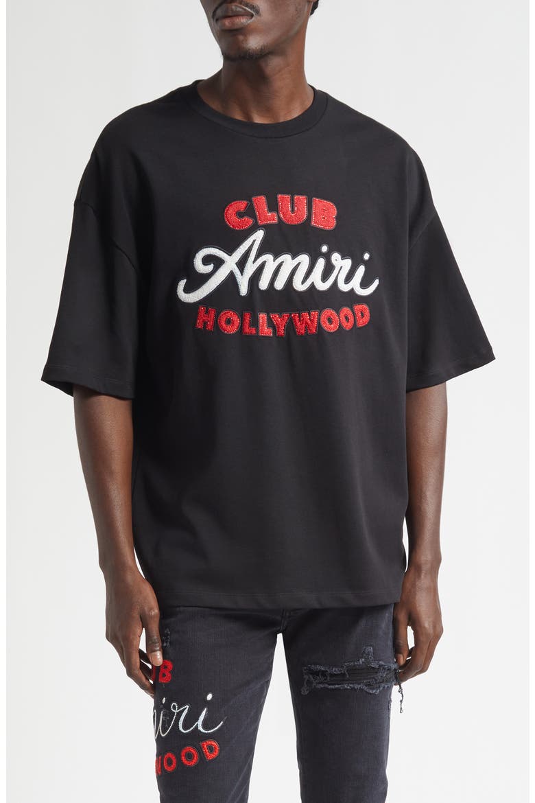 Oversize Crystal Embellished Club Amiri Appliqué T-Shirt, Main, color, BLACK
